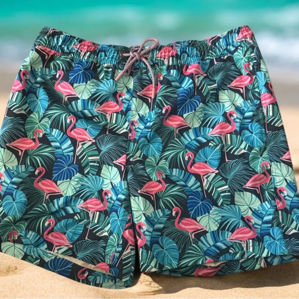 Members Mark Flamingo Tropical Floral Resort Lined Swim Trunks Mens size L NEW